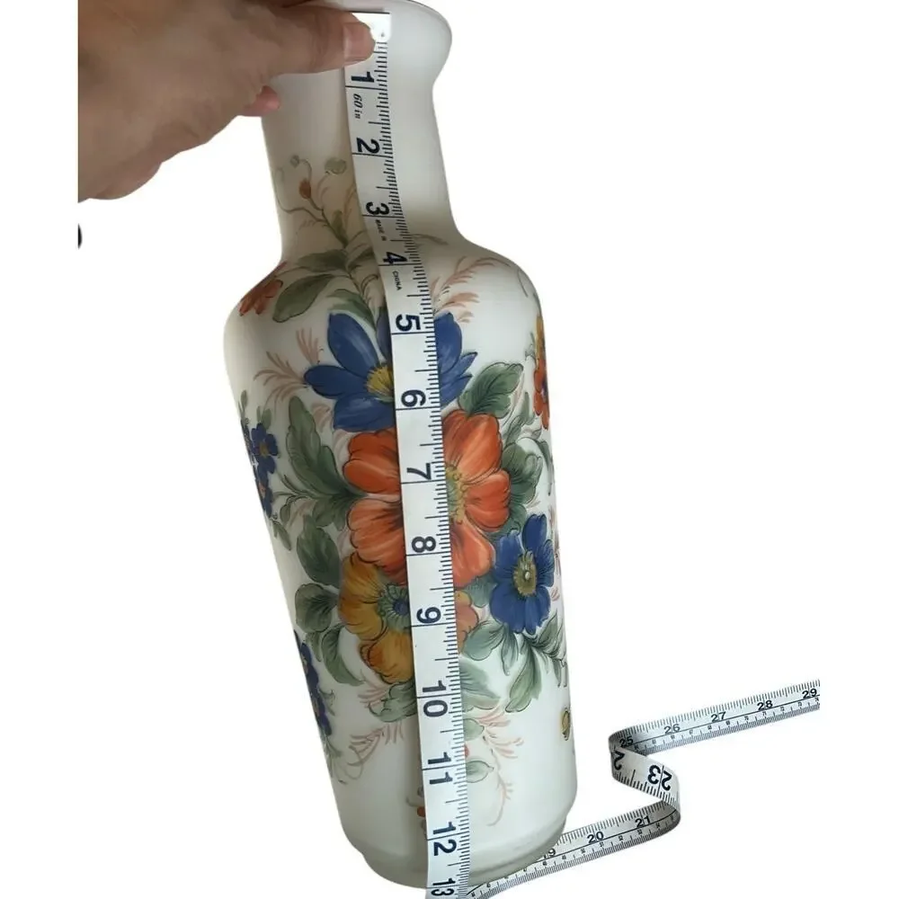Satin Red Glass Vase Made in Italy Beautiful Floral Print Country Cottage